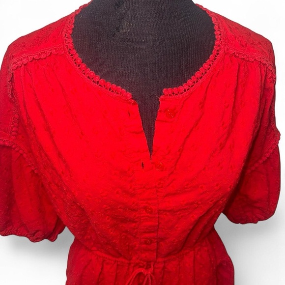 Chelsea & Violet Red Gameday Eyelet Puff Sleeve Button Front mini Dress SZ M - Picture 3 of 11